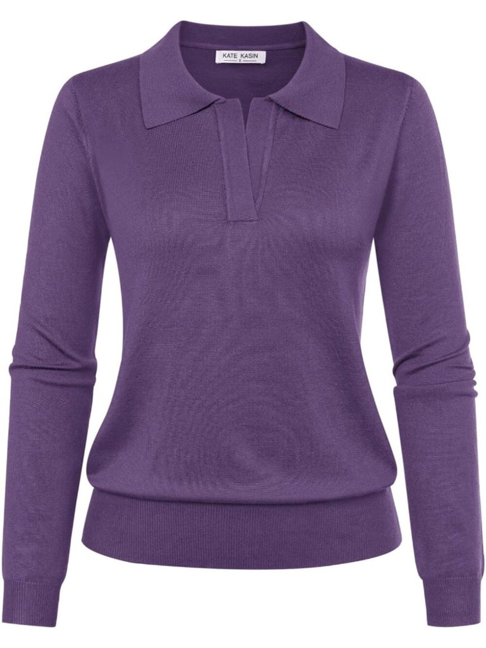 Kate Kasin Women's Dark Purple V Neck Long Sleeve Classic Knitted Polo Sweaters